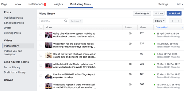Puteți accesa biblioteca video completă de pe Facebook din Instrumente de publicare.