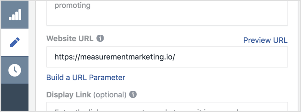 În Managerul de anunțuri, tastați linkul principal în caseta URL a site-ului.