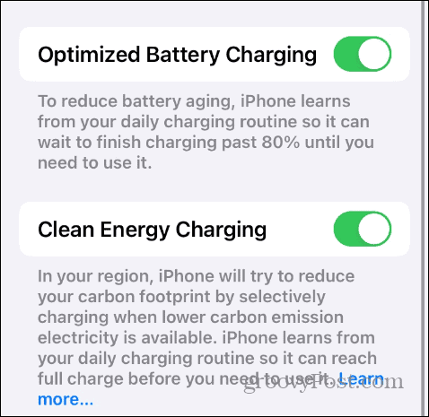 Setări de încărcare a bateriei în iOS