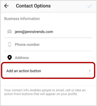 Adăugați o opțiune de buton de acțiune pe ecranul Opțiuni de contact Instagram