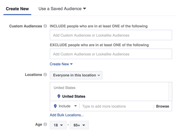 Cu un anunț pe ecranul de pornire Facebook Messenger, puteți viza un public nou sau un public salvat anterior sau similar.