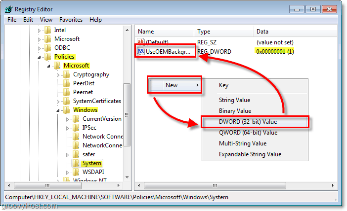 navigați la cheia de registru Windows 7 HKEY_LOCAL_MACHINESOFTWAREPoliciiMicrosoftWindowsSystem