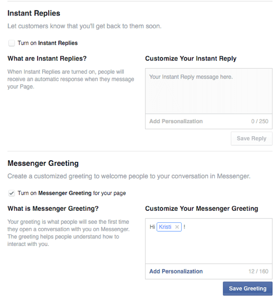 opțiuni pentru răspunsuri și salutări instantanee pe Facebook