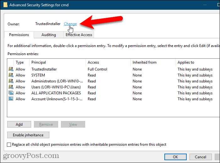 Faceți clic pe linkul Schimbare pentru Proprietar al unei chei din Registrul Windows