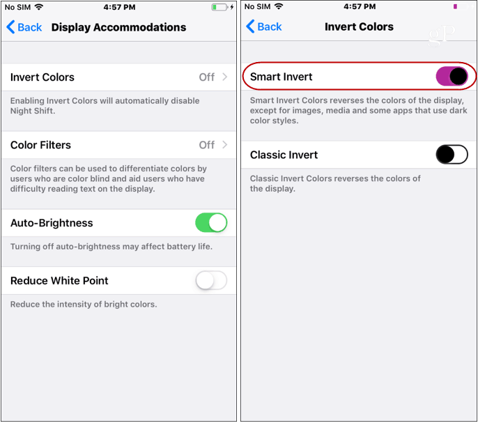 Setări pentru modul întunecat iOS culorile invertite