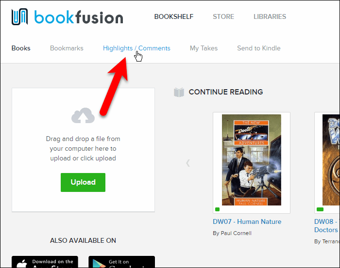 Faceți clic pe Repere / Comentarii în interfața web BookFusion