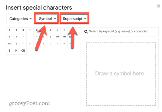 google docs simbol superscript