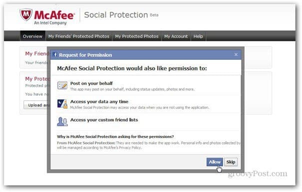 mcaffee protecție socială permise facebook