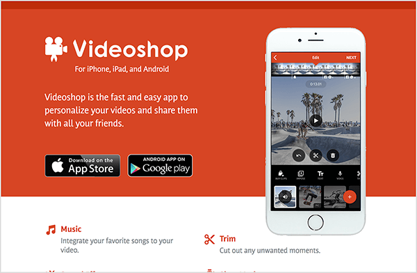 Aceasta este o captură de ecran a site-ului web al aplicației Videoshop. Fundalul este roșu, iar textul este alb. În stânga numelui aplicației este o pictogramă a camerei de film. Sub numele aplicației se află textul „Pentru iPhone, iPad și Android”. În partea stângă centrală a paginii se află următorul text: „Videoshop este aplicația rapidă și ușoară pentru a vă personaliza videoclipurile și împărtășiți-le tuturor prietenilor dvs. ” Sub acest text sunt butoane de unde puteți obține aplicația din AppStore sau Google Joaca. În partea dreaptă a paginii este o imagine a editorului video Videoshop pe ecranul iPhone-ului alb.