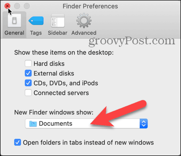 Faceți clic pe lista derulantă a afișării Windows New Finder în Preferințele Finder de pe Mac