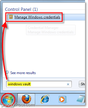 accesați seiful Windows din căutarea din meniul de pornire în Windows 7