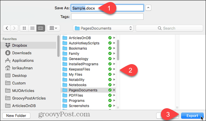 Selectați locația pentru fișierul exportat și faceți clic pe Export în Pagini pentru Mac
