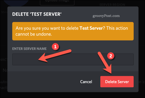 Confirmați ștergerea serverului Discord