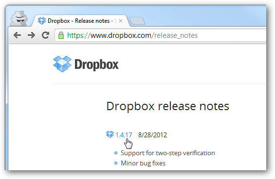 note de lansare pentru fiecare versiune dropbox