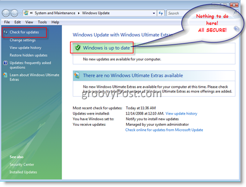 Meniul Windows Update pentru Windows Vista