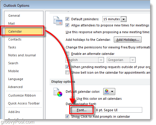Modul de modificare a fontului de navigare a datei calendarului Outlook 2010