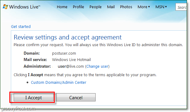 consultați și acceptați acordul privind termenii de e-mail din domeniul Windows Live