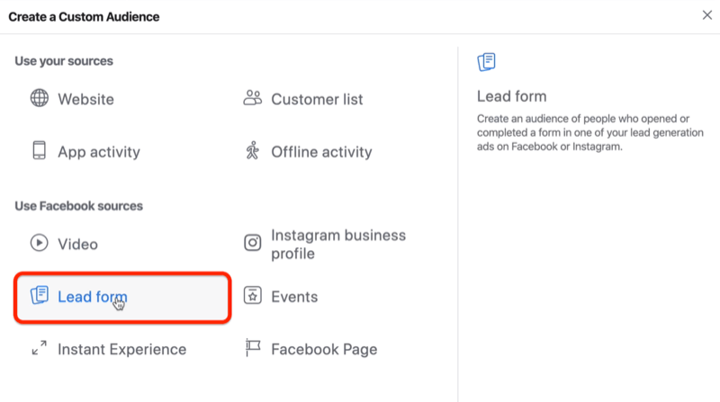 Opțiunea Lead Form pentru publicul personalizat Facebook