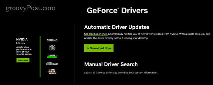 Pagina de descărcare pentru driverele grafice NVIDIA