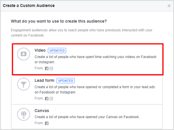 Selectați opțiunea de implicare video pentru publicul dvs. personalizat de pe Facebook.