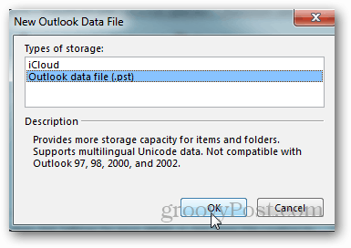 cum se creează fișierul pst pentru Outlook 2013 - faceți clic pe fișierul de date Outlook