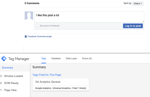 Utilizați Managerul de etichete Google cu Facebook, pasul 23, previzualizarea comentariului cu selecție sumară pentru eticheta Facebook declanșată