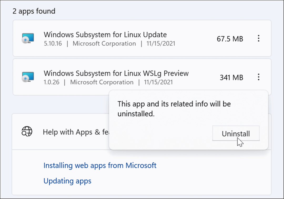 verificați dezinstalarea Linux din Windows 11