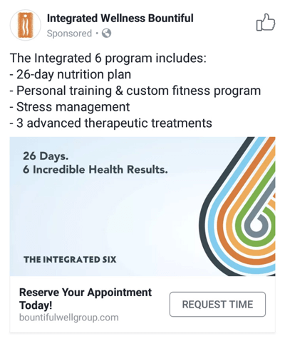 Tehnici publicitare Facebook care oferă rezultate, de exemplu prin Integrated Wellness Bountiful oferind ore de programare
