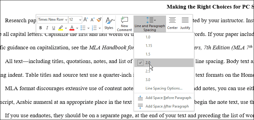 spațierea folosește formatul mla în Microsoft Word