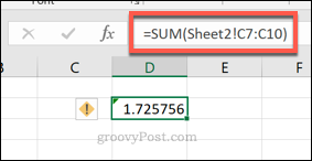 O formulă Excel SUM folosind o gamă de celule dintr-o foaie de lucru diferită