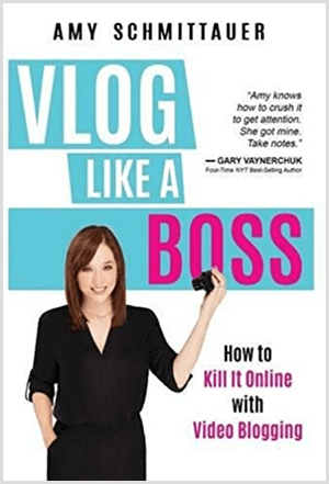 Amy Landino a scris cartea Vlog Like a Boss sub numele de Amy Schmittauer. Coperta arată o fotografie a lui Amy de la talie în sus, ținând o cameră video. Titlul apare pe un fundal albastru deschis cu litere albe și fucsia. Sloganul cărții este How To Kill It Online With Video Blogging.