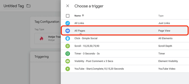 nouă etichetă Google Tag Manager cu alegeți un meniu de declanșare cu mai multe opțiuni menționate, inclusiv clic - social simplu, derulați - 10,25,50,75,90, timp - 3 secunde - 3x, printre altele cu toate paginile selectate