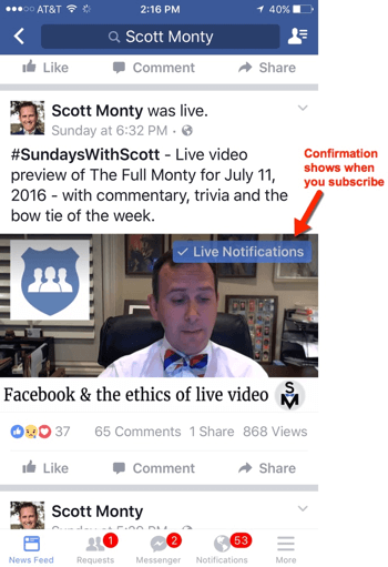 Facebook live notificări mobile