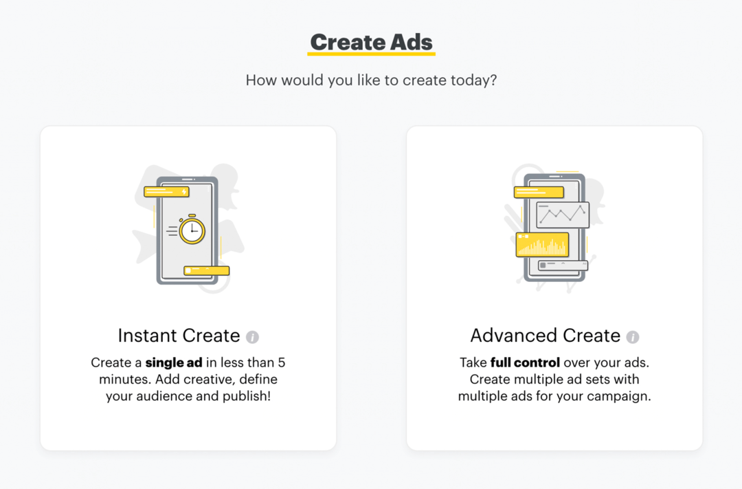 configurați reclame Snapchat prin Creare instantanee sau Creare avansată