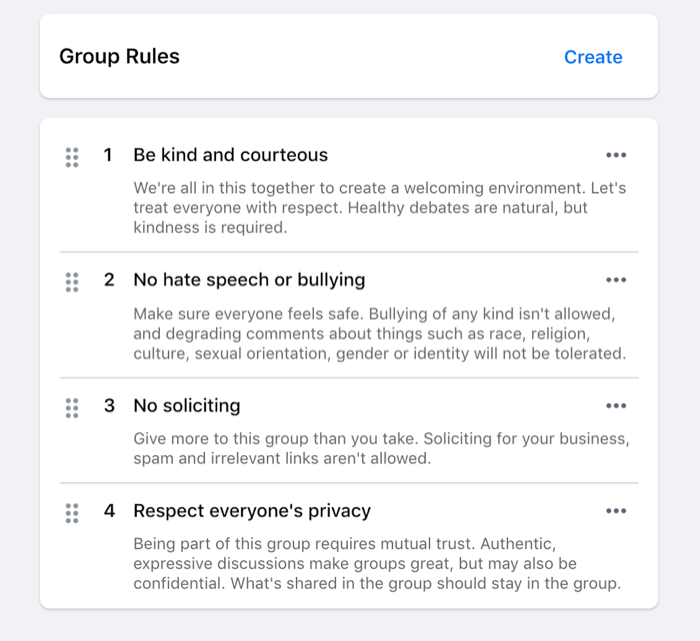 exemplu de reguli stabilite pentru un grup de facebook, cum ar fi fi amabil, fără discurs de ură, fără solicitare etc.