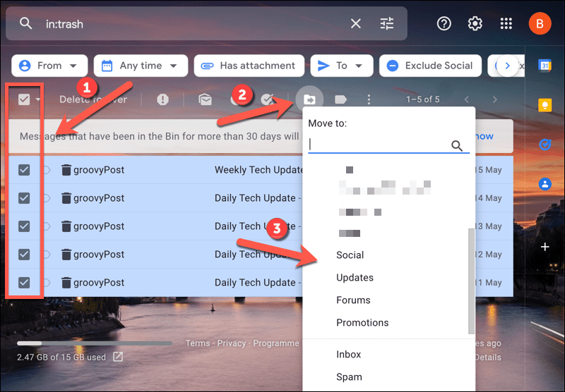 Mutarea e-mailurilor în afara dosarului de gunoi Gmail