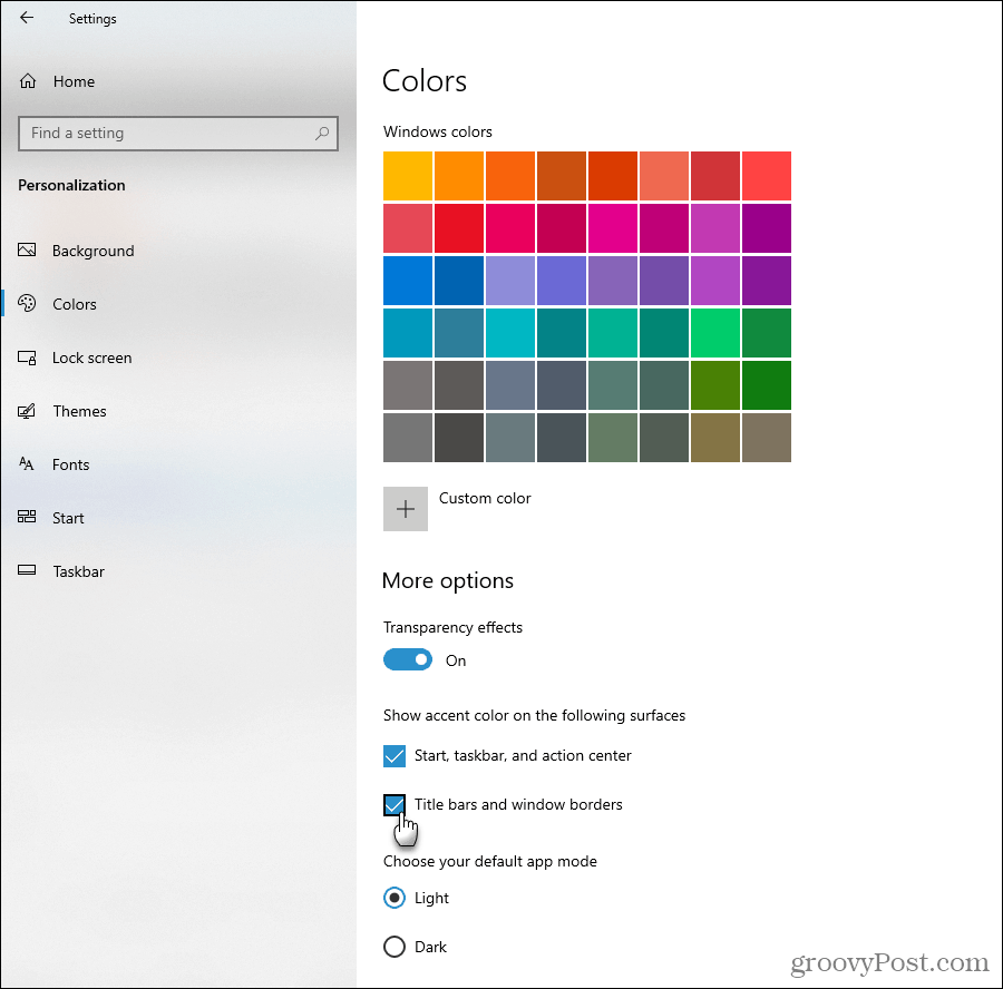 Afișează opțiuni de culoare accent în Windows 10