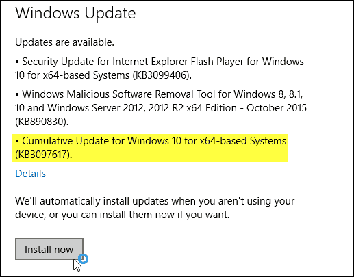 Actualizare cumulată Windows 10 KB3097617 disponibil acum