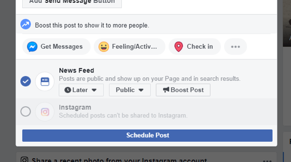 Cum să postezi încrucișat pe Instagram de pe Facebook pe desktop, exemplu de opțiune de postare încrucișată pe Instagram nu mai este disponibilă atunci când planifici o postare pe Facebook