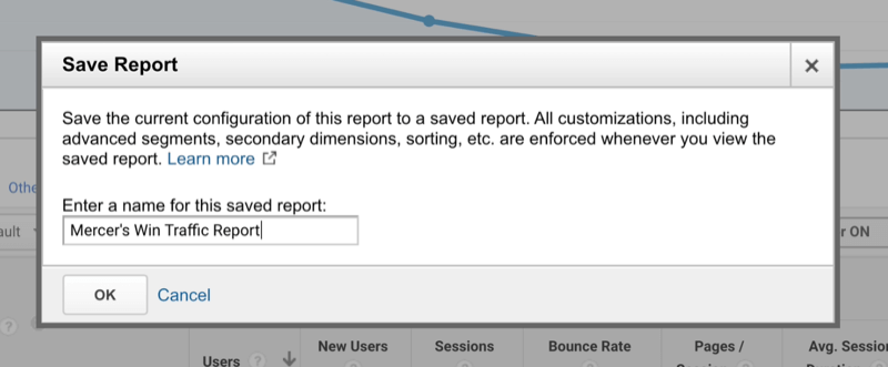 opțiunea Google Analytics pentru a denumi un raport personalizat salvat