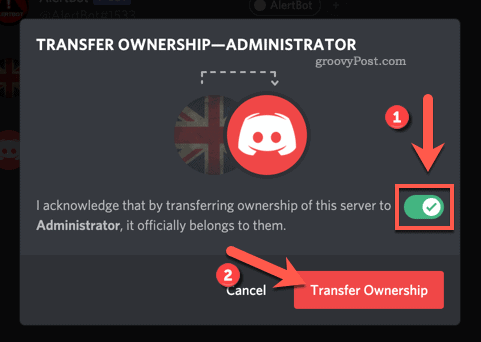 Confirmați transferul proprietății serverului Discord