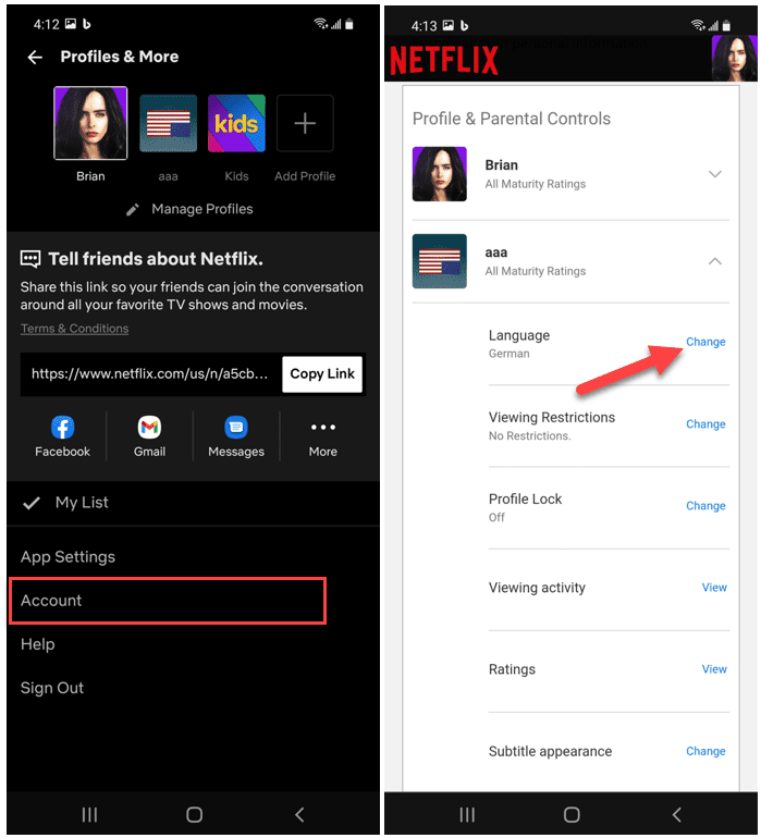 Cont de aplicație Android Netflix