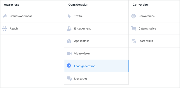 Selectați Lead Generation ca obiectiv pentru campania dvs. Facebook.