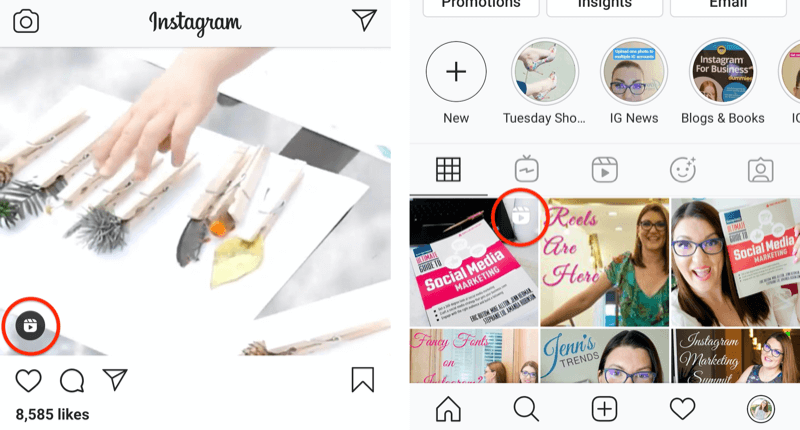 pictograma de rolă instagram afișată pe un post de feed și pe un pătrat al grilei de profil