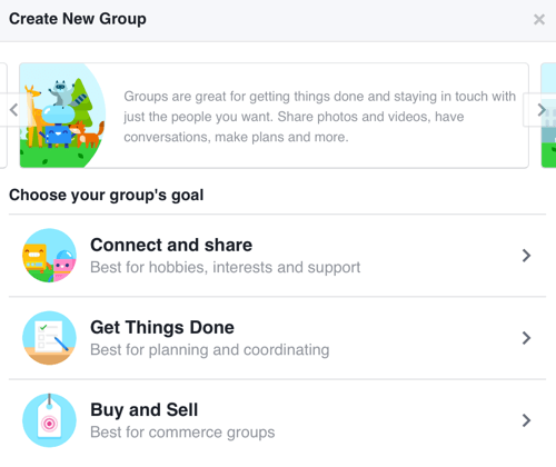 Pentru a crea un grup Facebook axat pe construirea unei comunități, selectați Conectare și partajare.