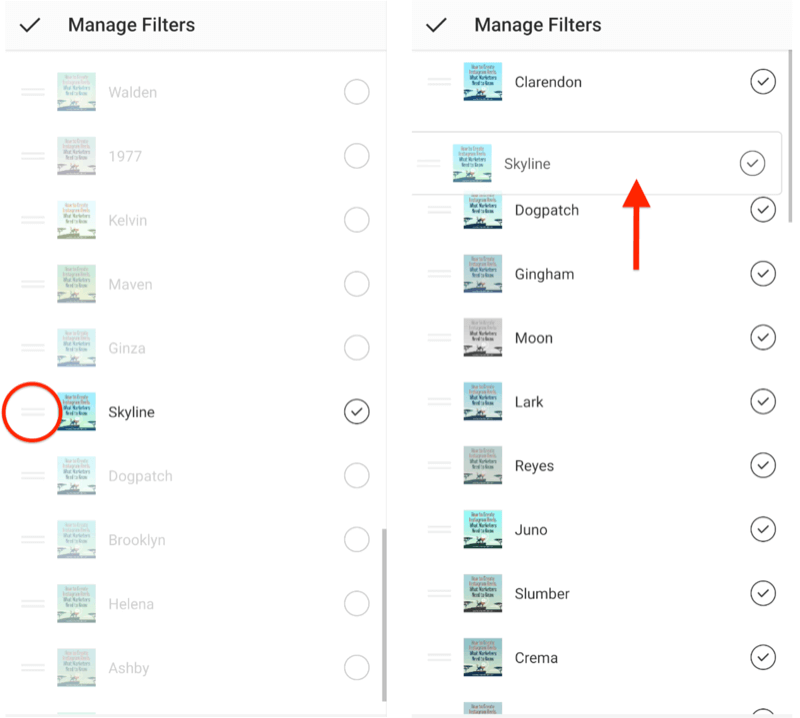 gestionați opțiunile din meniul filtrelor Instagram care afișează bare de selecție orizontale duble lângă filtrele care permit acestea să fie reordonate și să arate filtrul orizontal fiind glisat în partea de sus a selecției filtrului listă