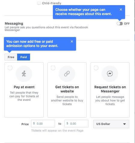 Facebook pare să testeze opțiunea de a permite oamenilor să pună întrebări prin Facebook Messenger, adăugați gratuit sau opțiune de admitere plătită pentru un eveniment și setați o gamă de prețuri de bilet la configurarea unui eveniment Facebook Pagină.