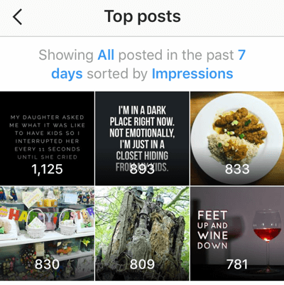 Instagram Insights vă arată primele șase postări din ultimele șapte zile.