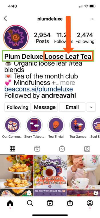 exemplu de profil instagram pentru @splumdeluxe care afișează cuvintele cheie „plum deluxe” și „ceai cu frunze libere” în biografia paginii lor, permițându-le să apară bine în rezultatele căutării