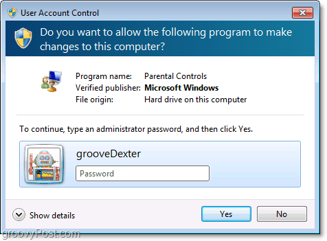 puteți înlocui o restrângere de control parental în Windows 7 introducând o parolă de administrator
